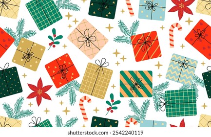 Seamless festive pattern with Christmas gifts. Pattern with colorful gifts. Edging, ribbon, border of outline festive Christmas symbols. Vector flat seamless border with gift boxes