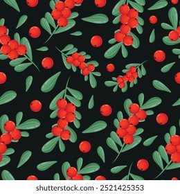 seamless festive pattern for Christmas or New Year with winter cranberry berries and green twigs arranged randomly on black background, holiday textile or wrapping