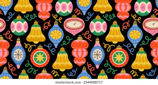 Seamless festive pattern with Christmas ornaments, bells, and decorative swirls on a dark background. New year joys, with traditional shapes: baubles, bells, and stars. Retro print for wrapping paper.