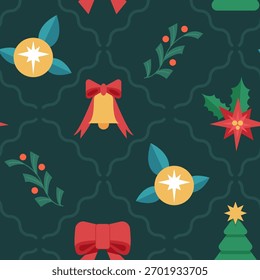 Seamless Festive Pattern with Christmas Ornaments on a dark background. Perfect for Christmas Greeting Cards, Wrapping, Textile, Wallpaper. Vector Illustration.