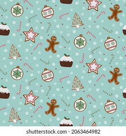 Seamless festive pattern of Christmas Puddings, Gingerbread shapes and Candy Canes.
