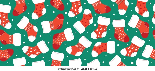Seamless festive pattern with Christmas socks on a green background. Vector.