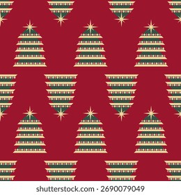 Padrão festivo contínuo com árvore de Natal em um fundo vermelho. Ilustração de vetor.
