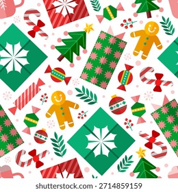 Padrão festivo contínuo com árvores de Natal, presentes, bengalas doces, gengibre homens sobre fundo branco. Conceito de celebração de feriado. Ilustração vetorial