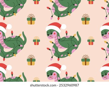 Seamless festive pattern with a Christmas-themed snake wrapped in holiday lights, wearing a Santa hat, surrounded by gift boxes. Perfect for holiday wrapping paper, textiles, and decorations.