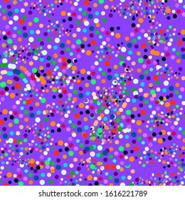 Seamless festive pattern with colorful circles on a bright purple background. Ideal for birthdays, gift wrapping, backgrounds. 