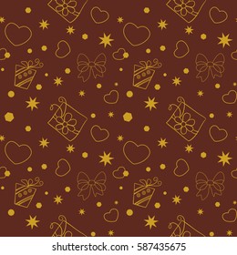 Seamless festive pattern of contour elements on the background color of chocolate. Ornament with stylized golden gifts, hearts, bows, stars and confetti. Flat style