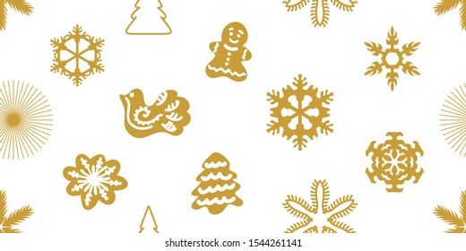 Seamless festive pattern with cookie elements. Golden snowflakes, firs and other decorations. Template for cards and gift wrappings. Golden icons on white background.
