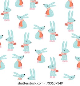 Seamless festive pattern with cute cartoon rabbits. Vector holiday background