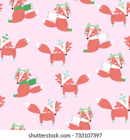 Seamless festive pattern with cute cartoon foxes. Vector holiday background