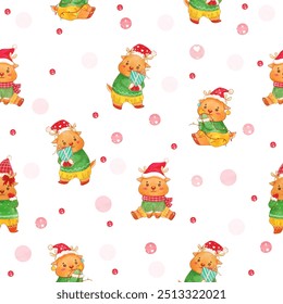 Seamless festive pattern with cute gingerbread reindeer in Santa hats and colorful polka dots on a white background. Perfect for holiday decorations and seasonal designs.