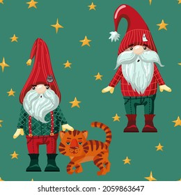 Seamless festive pattern with cute gnomes, tiger cub and stars. Vector pattern. Festive background for fabric, clothing, wallpaper, wrapping paper, stationery. 