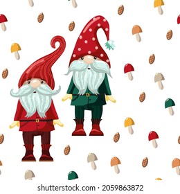 Seamless festive pattern with cute gnomes, mushrooms and pine cones. Vector pattern. Festive background for fabric, clothing, wallpaper, wrapping paper, stationery.