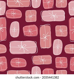 Seamless festive pattern. cute pink packaged gifts on a dark pink background. Vector texture. trend print for textiles and wallpaper, packaging and postcards.