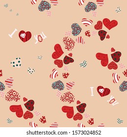 Seamless, festive pattern. Design of various hearts on a red background for Valentine's day. Cute illustrations for printing on paper, textile, packaging. Text: I love you. Vector, cartoon, graphics.