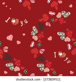 Seamless, festive pattern. Design of various hearts on a red background for Valentine's day. Cute illustrations for printing on paper, textile, packaging. Text: I love you. Vector, cartoon, graphics.