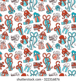 Seamless festive pattern. Doodle gifts on white background. Seamless texture can be used for web page backgrounds, wallpapers, wrapping papers, invitation, congratulations and festive designs. 
