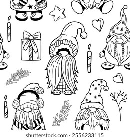 Seamless festive pattern with dwarfs and holiday elements