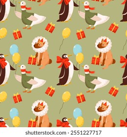 A seamless festive pattern featuring adorable penguins and geese in Christmas costumes. For gift wrap, seasonal textiles, or decorative backgrounds.