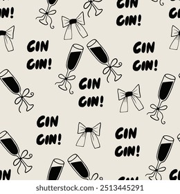 A seamless festive pattern featuring champagne glasses, bows, and the text Cin Cin Ideal for celebrations, parties, and holiday designs