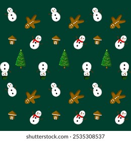 Seamless festive pattern featuring cheerful snowmen, gingerbread men, Christmas trees, and cozy cabins on a dark green background. Perfect for holiday-themed designs and cheerful winter celebrations.