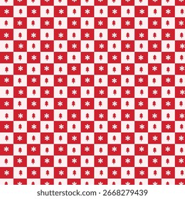 Seamless festive pattern featuring Christmas trees and snowflakes in a checkered design. Perfect holiday background for wrapping paper, textiles, cards, invitations, and seasonal decorations.