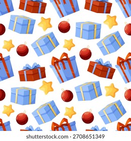 Patrón festivo sin fisuras con coloridas cajas de regalo, adornos de Navidades y decoraciones en forma de estrella sobre un fondo blanco. La ilustración que crea una celebración alegre del día de fiesta y del invierno