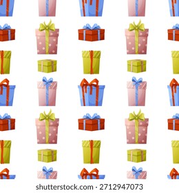 Seamless festive pattern featuring colorful gift boxes on a white background. The illustration creating a cheerful holiday celebration theme. Perfect for for Christmas, birthday, anniversary