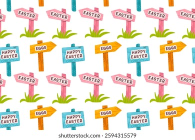 A seamless festive pattern featuring Easter directional signposts with "Happy Easter," "Eggs," and "Easter" text on a white background. Ideal for wrapping paper, textiles, and seasonal designs.