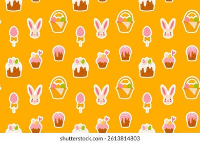 Seamless festive pattern featuring Easter bunnies, eggs, cakes, cupcakes, baskets, and sweets on orange background