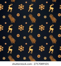 Un patrón festivo sin fisuras con renos dorados, copos de nieve, ramas de pino, piñas y estrellas sobre un fondo azul profundo. Ideal para Navidades, campañas de invierno, papel de regalo, Anuncios y marca festiva.