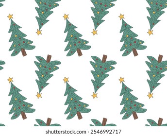 Seamless festive pattern featuring hand-drawn Christmas trees decorated with colorful ornaments and yellow stars on a white background. Perfect for wrapping paper, fabric, and holiday-themed designs