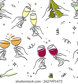 Seamless festive pattern featuring hands holding wine glasses, champagne flutes, with celebratory doodles ideal for party invitations, packaging, wrapping paper, and New Year or event designs.Vector
