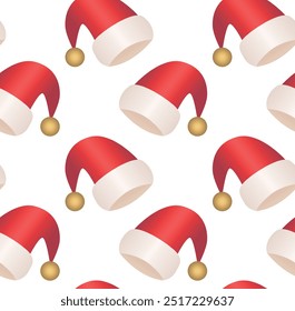 Seamless festive pattern featuring red Santa Claus hats with golden pom-poms and white trim. Ideal for Christmas wrapping paper, holiday backgrounds, or festive product designs