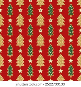 A seamless, festive, pattern featuring traditional Christmas ginger cookies in the shape of a Christmas tree. Suitable for textiles, wrapping paper, covers, posters.