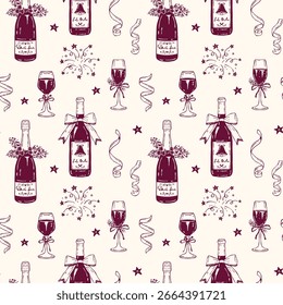 Seamless festive pattern featuring wine and champagne bottles, glasses, fireworks, and ribbons. Perfect for Christmas wrapping paper, holiday decorations