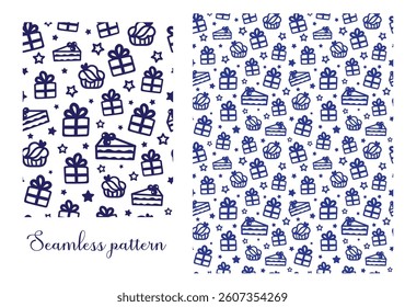 Seamless festive pattern with gifts and cake on transparent background