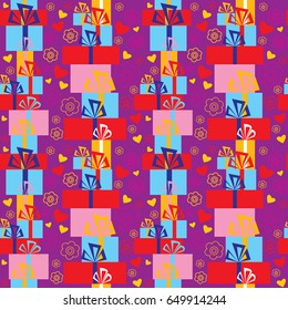 Seamless festive pattern with a gifts and flowers