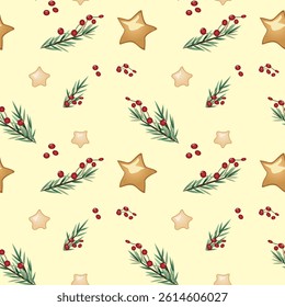 Seamless festive pattern with gingerbread star cookies, pine branches, and red berries on light background for holiday design