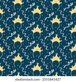 Seamless festive pattern with golden 2025 party crowns, silver ribbons, and scattered stars on dark blue background, perfect for New Year celebrations. Vector hand drawn illustration