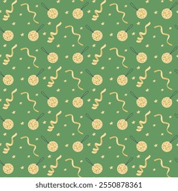 Seamless festive pattern with golden disco balls, swirling ribbons, and star accents on green background. Vector illustration for New Year party or other parties