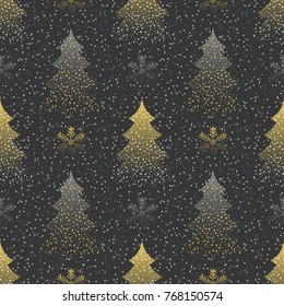 Seamless a festive pattern with a golden silhouette of a fir-tree and snow. An abstract background for festive jewelry. Vector illustrations.