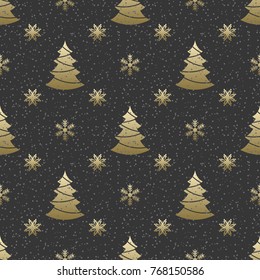 Seamless a festive pattern with a golden silhouette of a fir-tree and snowflakes. An abstract background for festive jewelry. Vector illustrations.