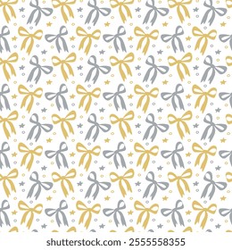 Seamless festive pattern with golden and silver bows with small stars and circles on a white background, evoking celebration, elegance, and holiday cheer in a minimalistic design