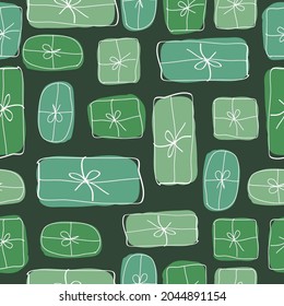 Seamless festive pattern. green packaged gifts on a dark green background. vector texture. trend print for textiles, wallpaper and packaging.