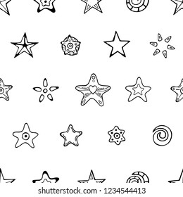 Seamless festive pattern with hand-drawn Christmas stars and decorative elements. Endless traditional texture for Christmas design, fabrics, greeting cards, wrappings. Vector monochrome illustration.