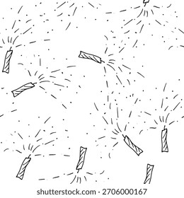 Padrão festivo contínuo com fogos de artifício desenhados à mão em estilo de arte de linha mínima. Fundo simples doodle preto e branco perfeito para celebração, design de férias, papel de embrulho ou têxtil. Moderno mín