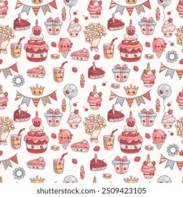 Seamless festive pattern. Holiday cute cartoon kawaii characters. Birthday cake, cupcake, pastry, gift, bouquet of flowers and lemonade with balloon, garland on white background. Vector illustration