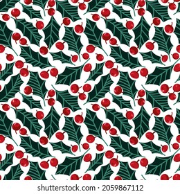Seamless festive pattern with holly leaves and berries on a white background. Vector pattern. Festive background for fabric, clothing, wallpaper, wrapping paper, stationery.