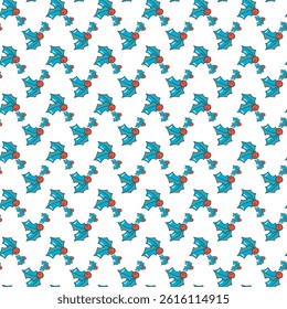 Seamless Festive Pattern with Holly Leaves and Red Berries on White Background